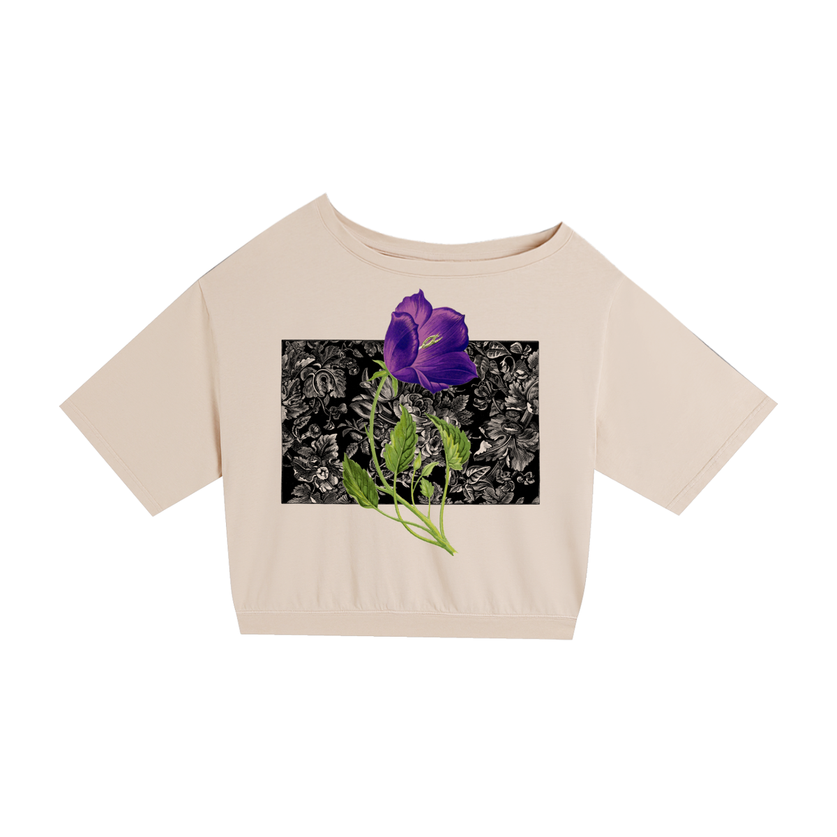 Violet flower - Asymmetric Shoulder Oversized Cotton T-Shirt