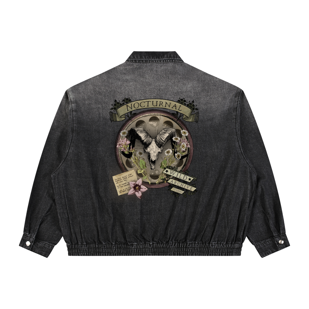 Nocturnal Ram - Vintage Wash Full-Zip Denim Bomber Jacket