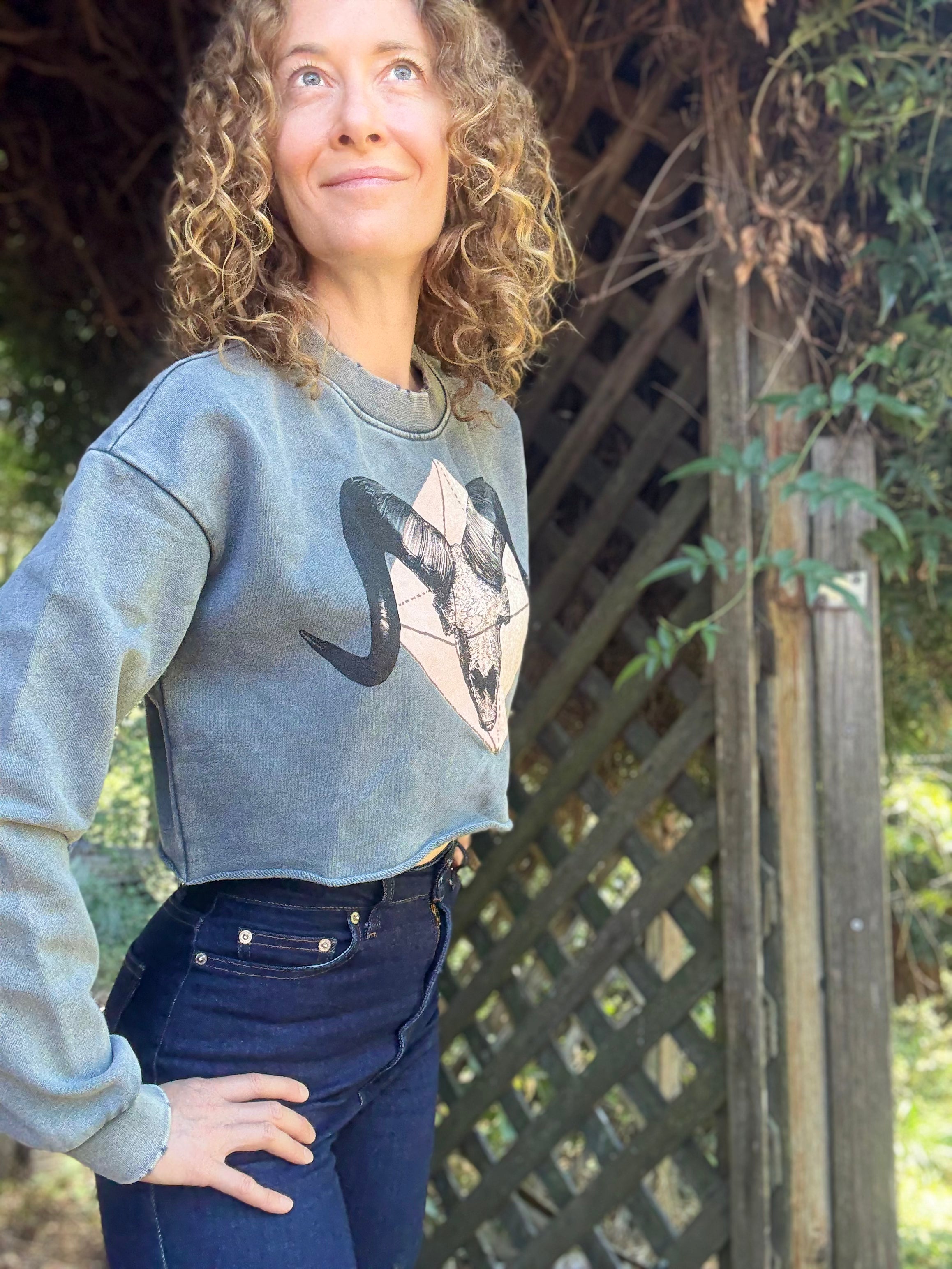 Crystal Ram - Snow Washed Raw Edge Cropped Sweatshirt
