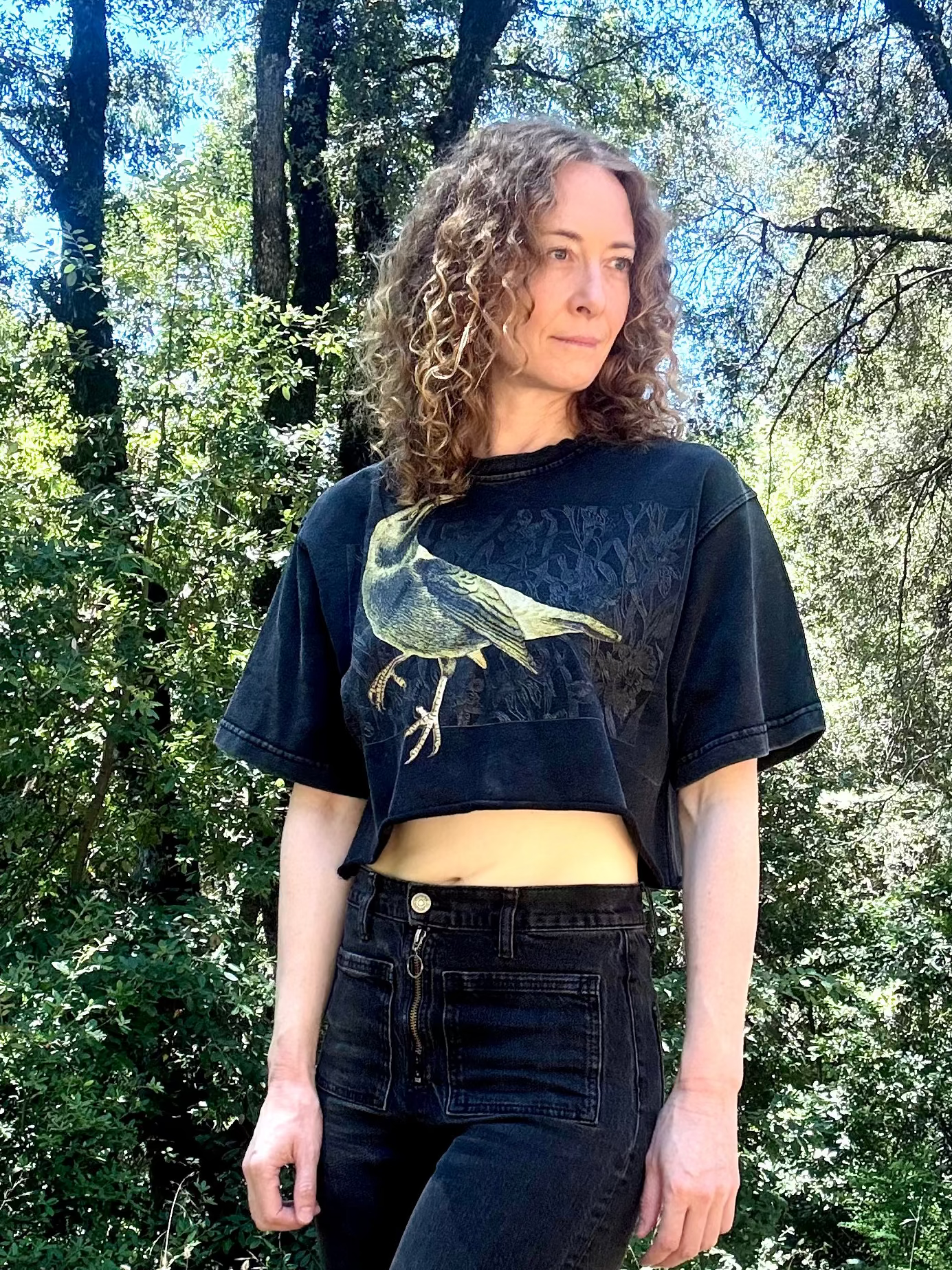 Green Bird - Snow Washed Raw Edge Crop Top