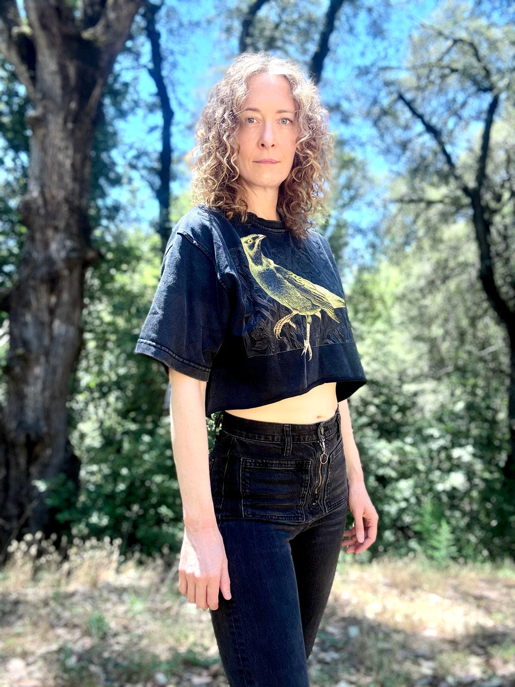 Green Bird - Snow Washed Raw Edge Crop Top