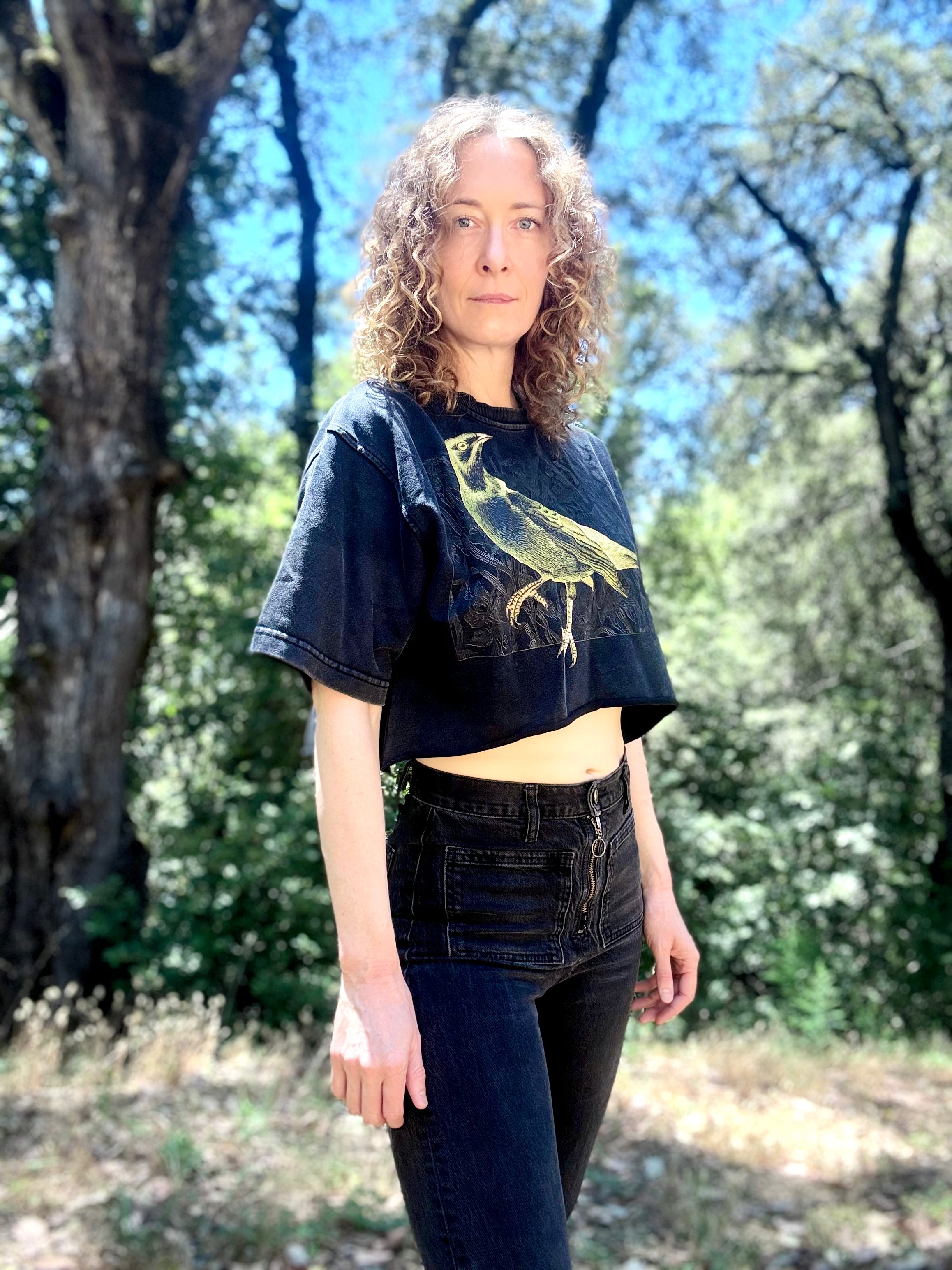 Green Bird - Snow Washed Raw Edge Crop Top