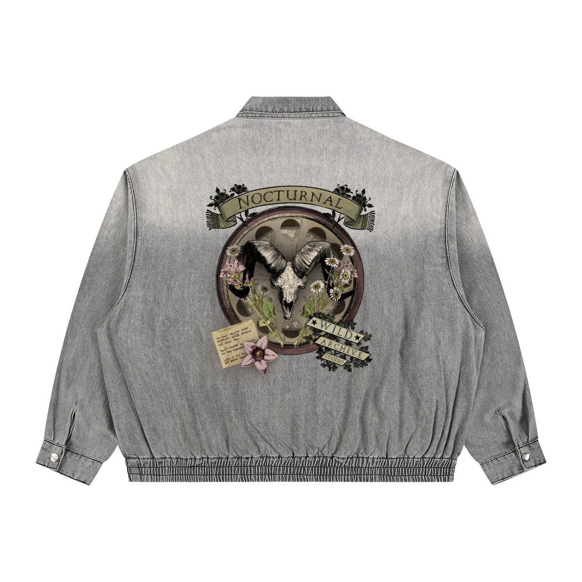 Nocturnal Ram - Vintage Wash Full-Zip Denim Bomber Jacket
