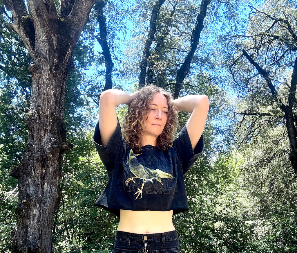 Green Bird - Snow Washed Raw Edge Crop Top