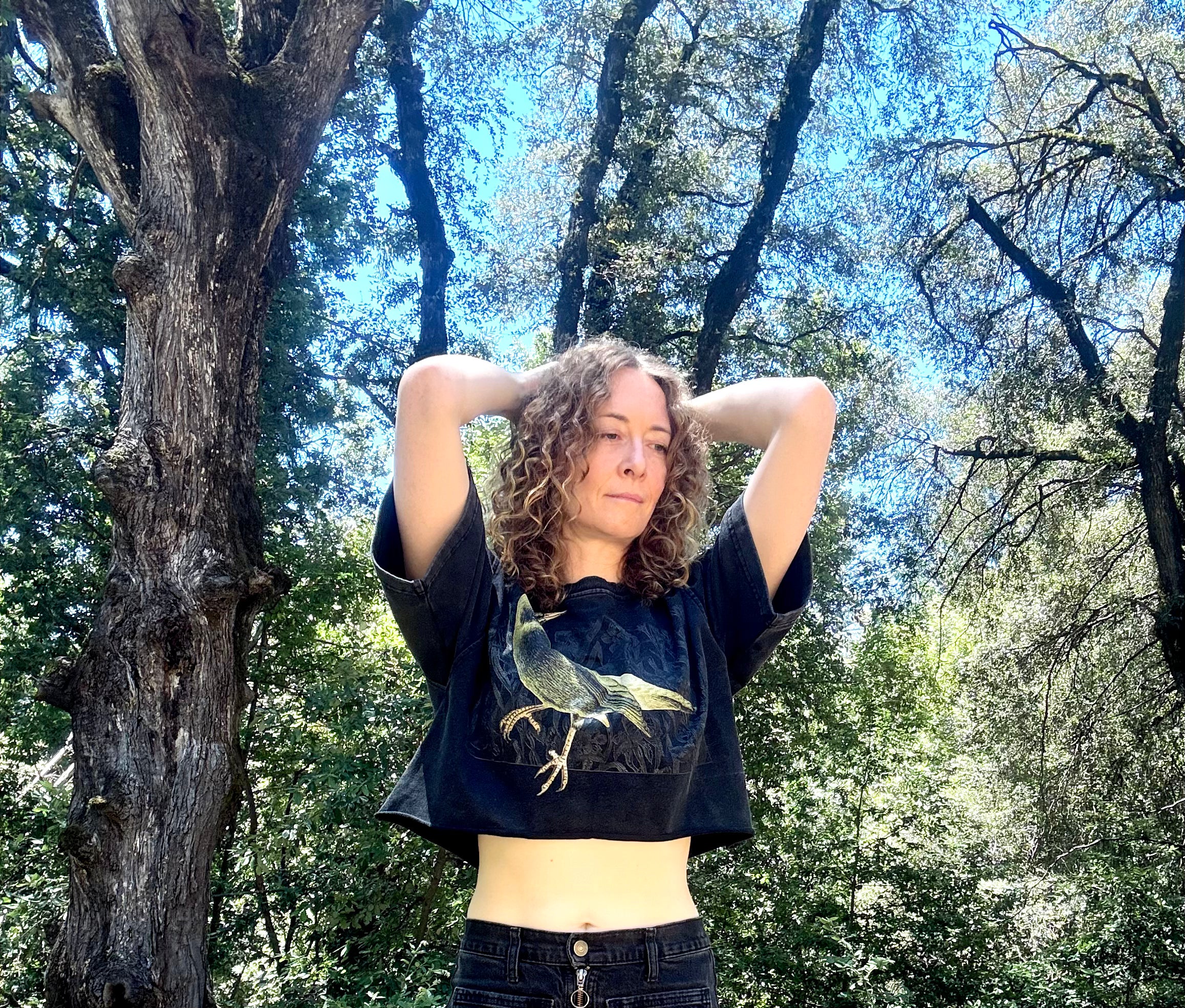 Green Bird - Snow Washed Raw Edge Crop Top