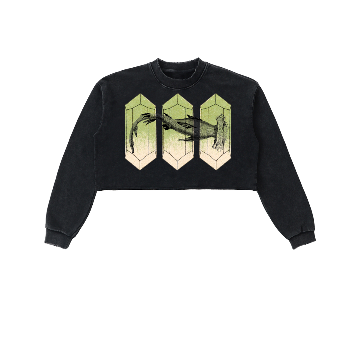 Black crop top with geometric shark design