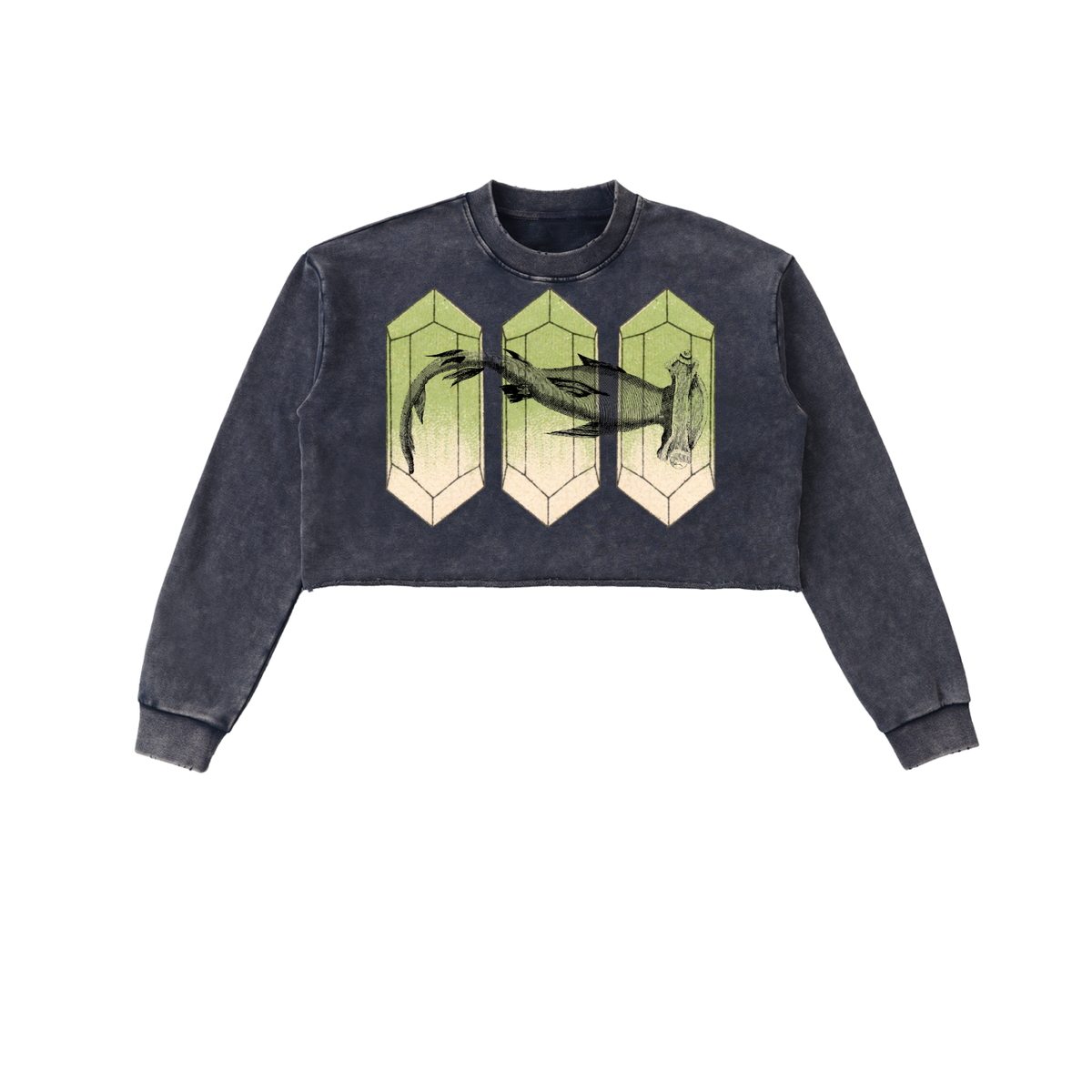 Dark gray cropped sweatshirt with geometric shark design