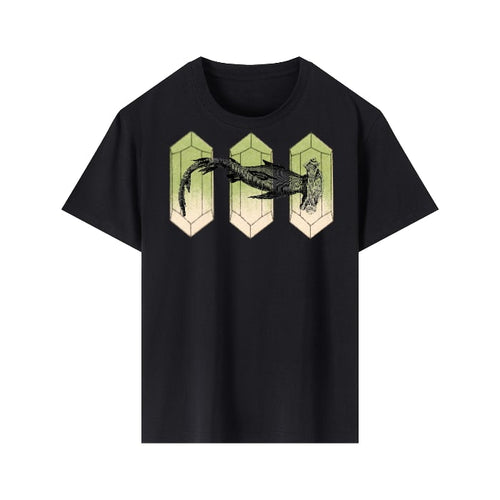 Black t-shirt with a graphic shark design