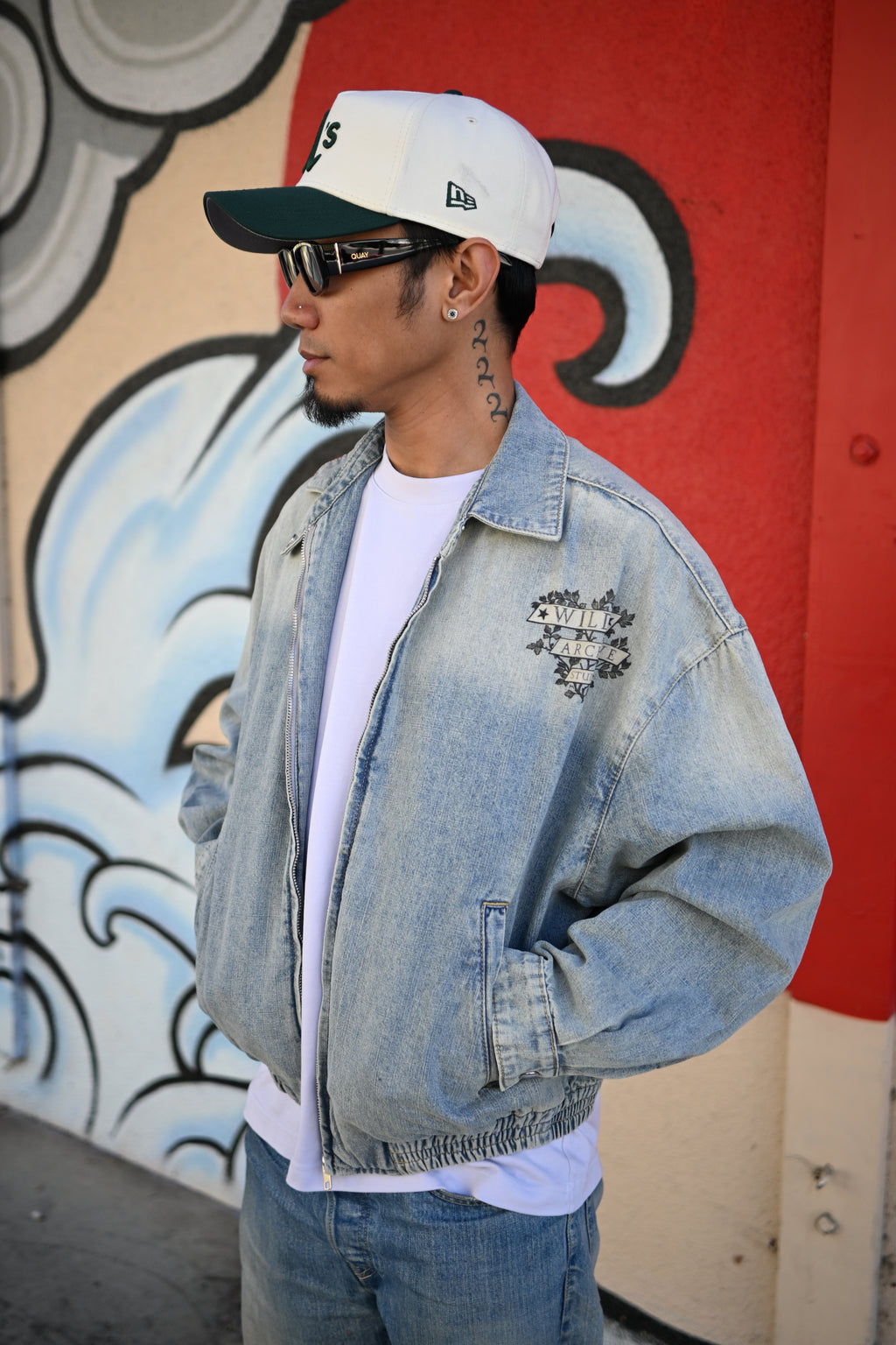 Nocturnal Ram - Vintage Wash Full-Zip Denim Bomber Jacket