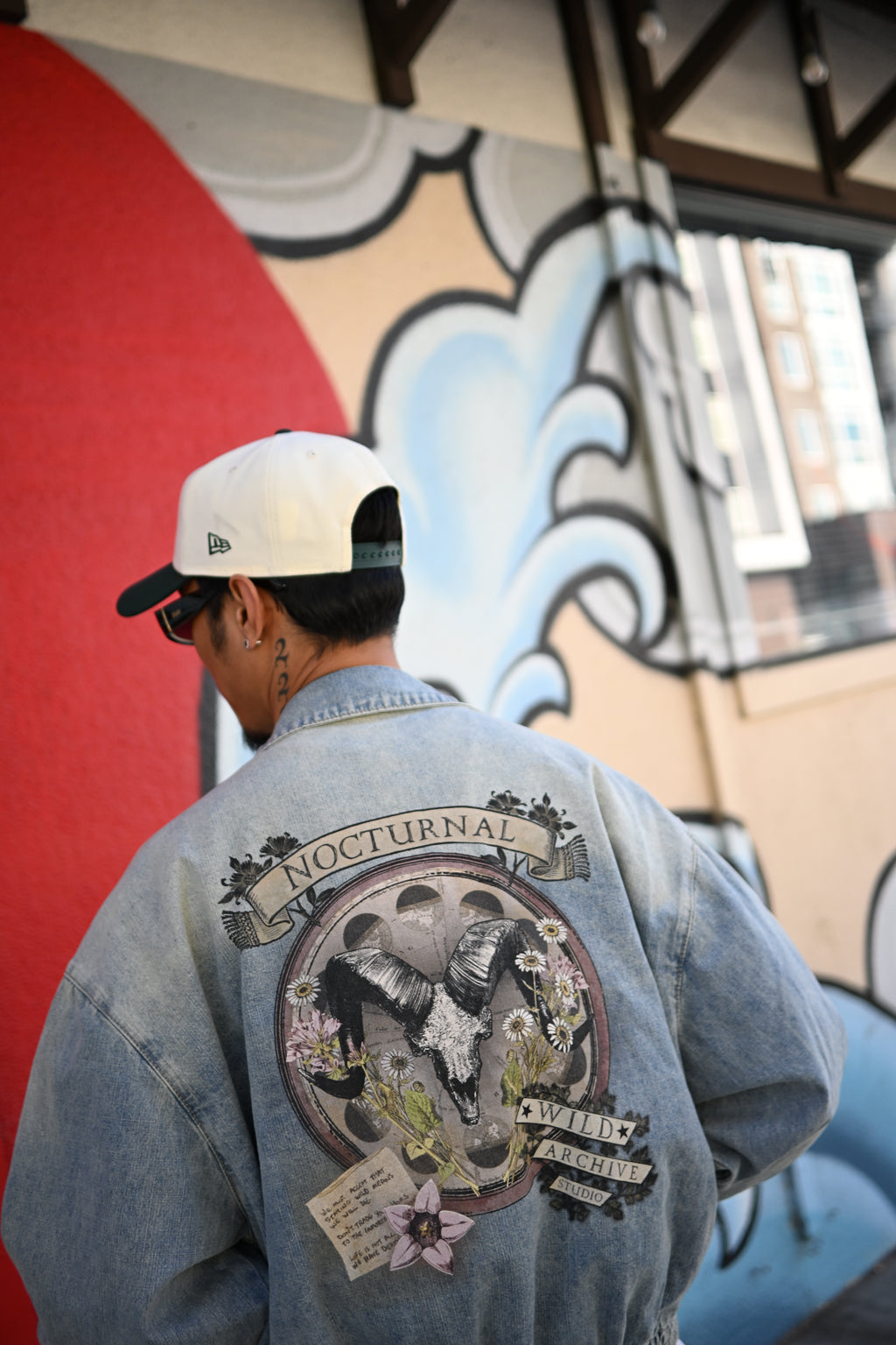 Nocturnal Ram - Vintage Wash Full-Zip Denim Bomber Jacket