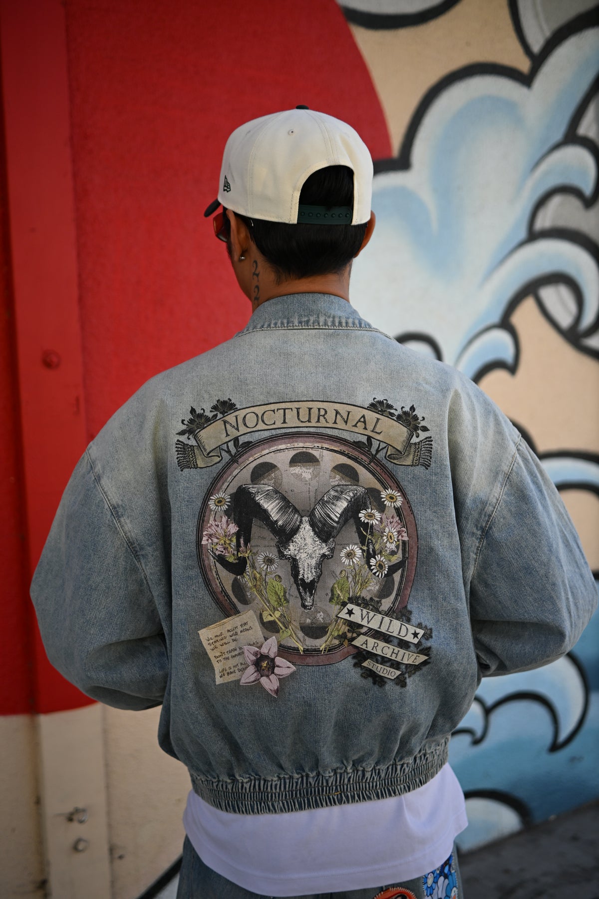 Nocturnal Ram - Vintage Wash Full-Zip Denim Bomber Jacket