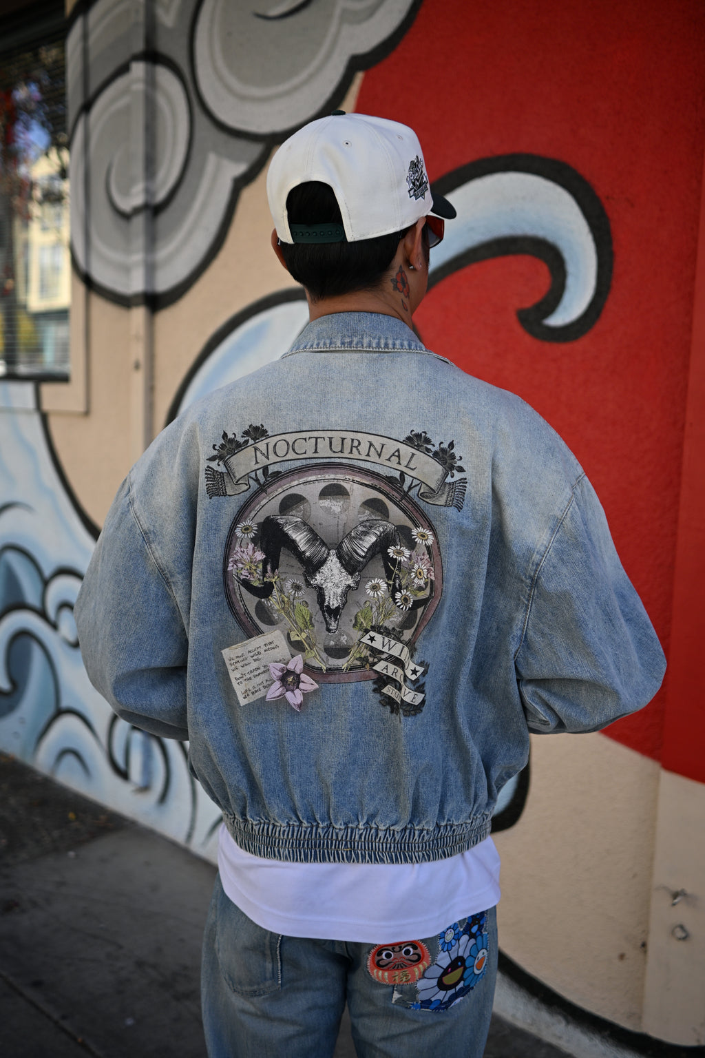 Nocturnal Ram - Vintage Wash Full-Zip Denim Bomber Jacket