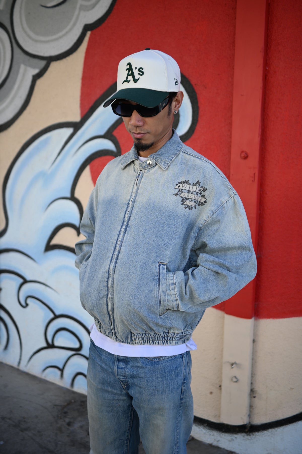 Nocturnal Ram - Vintage Wash Full-Zip Denim Bomber Jacket
