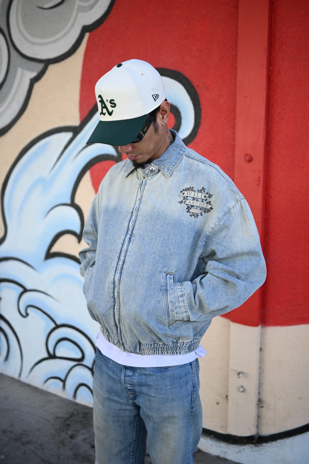 Nocturnal Ram - Vintage Wash Full-Zip Denim Bomber Jacket