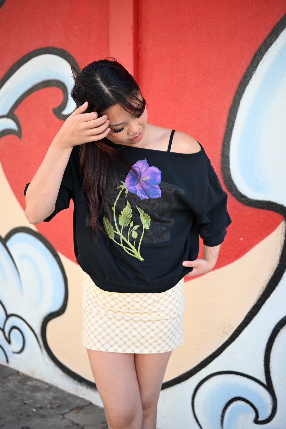Violet flower - Asymmetric Shoulder Oversized Cotton T-Shirt