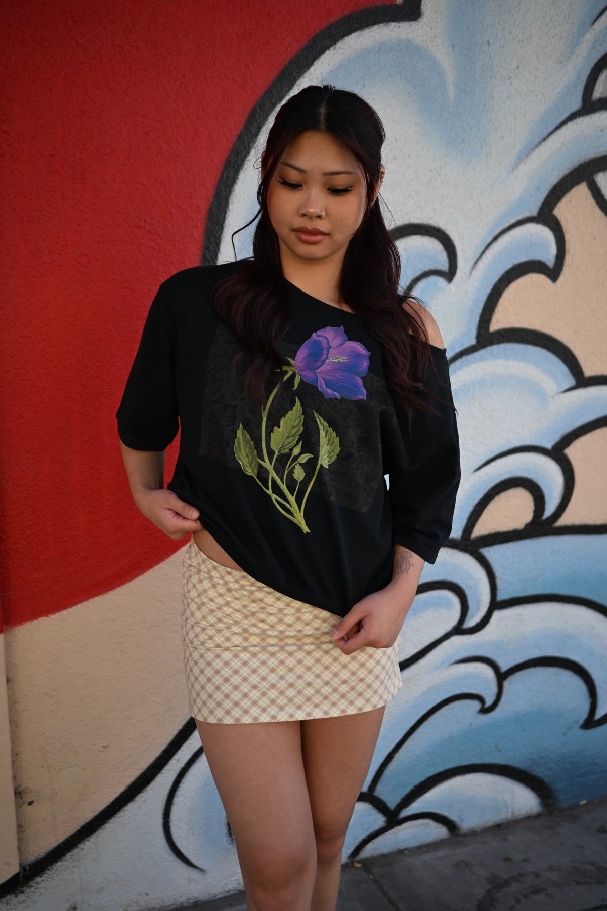 Violet flower - Asymmetric Shoulder Oversized Cotton T-Shirt