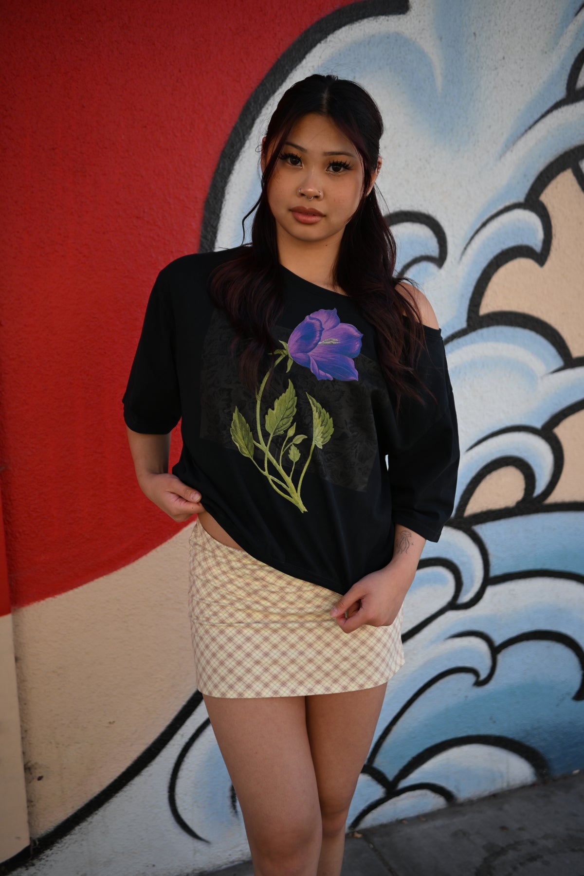 Violet flower - Asymmetric Shoulder Oversized Cotton T-Shirt