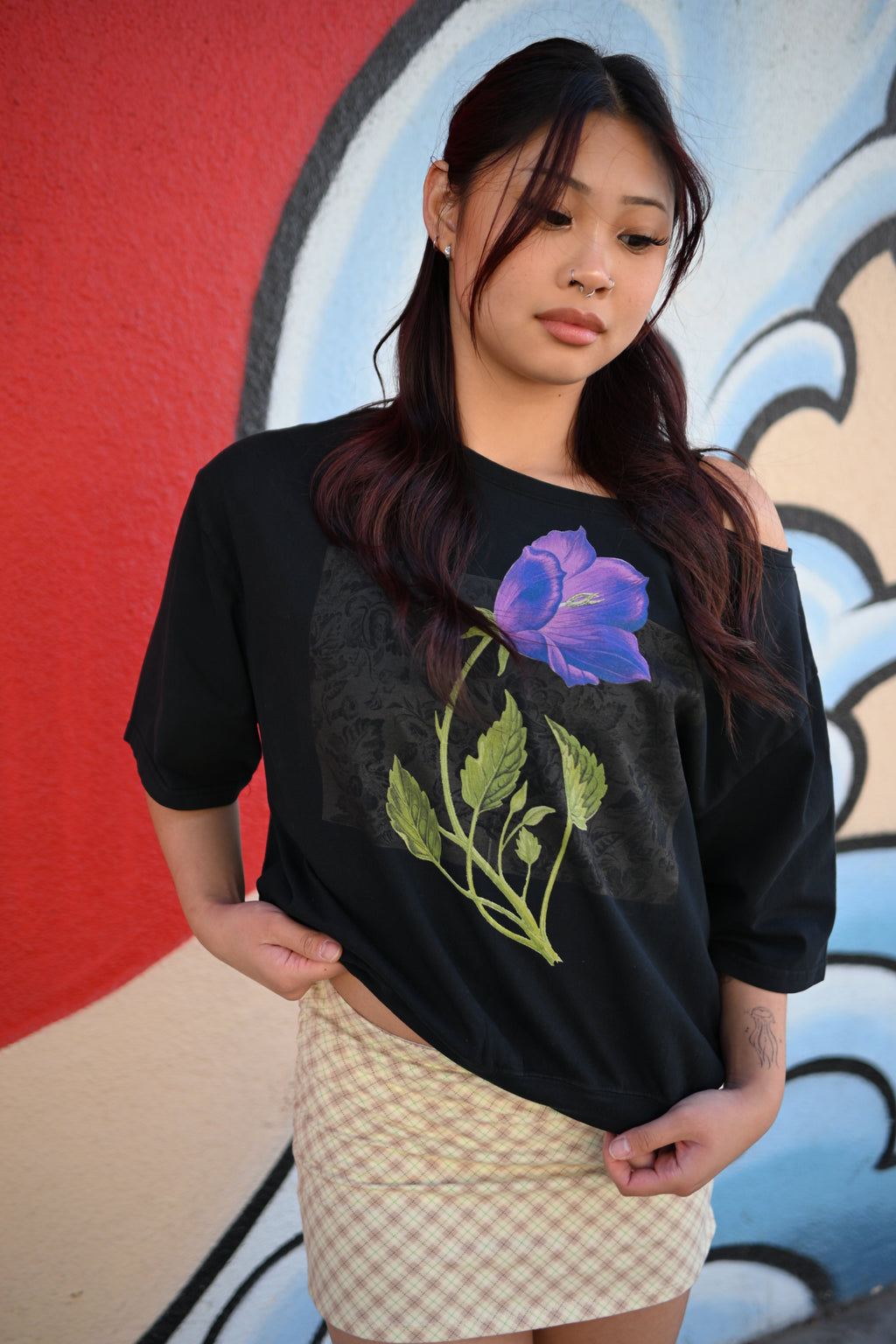 Violet flower - Asymmetric Shoulder Oversized Cotton T-Shirt