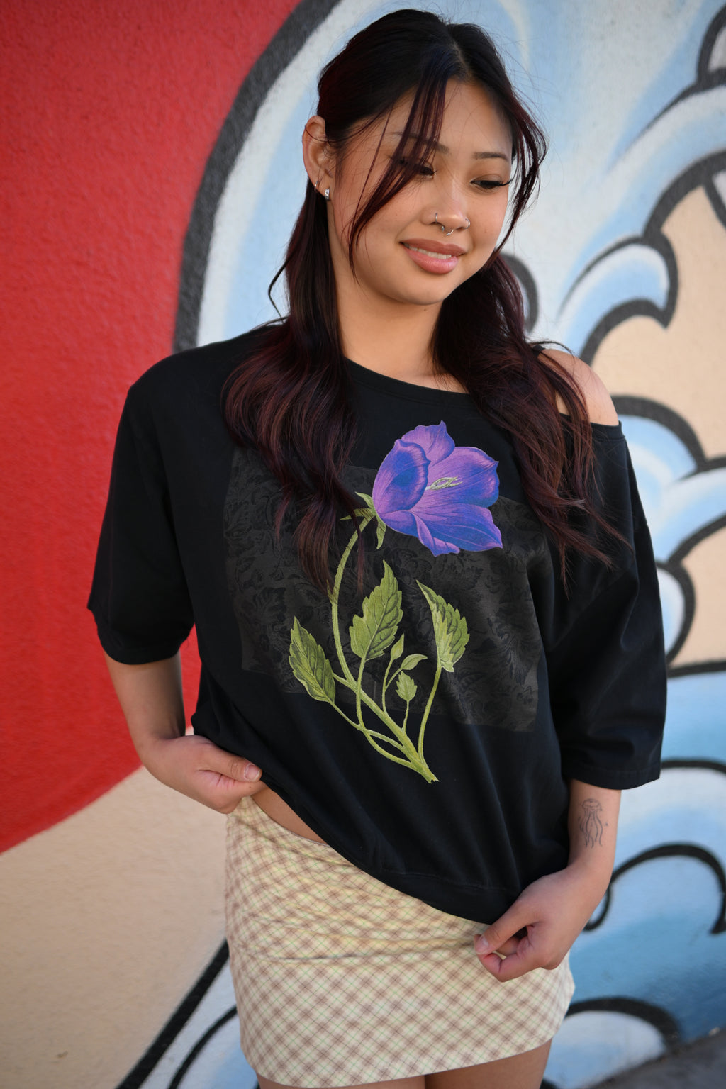 Violet flower - Asymmetric Shoulder Oversized Cotton T-Shirt