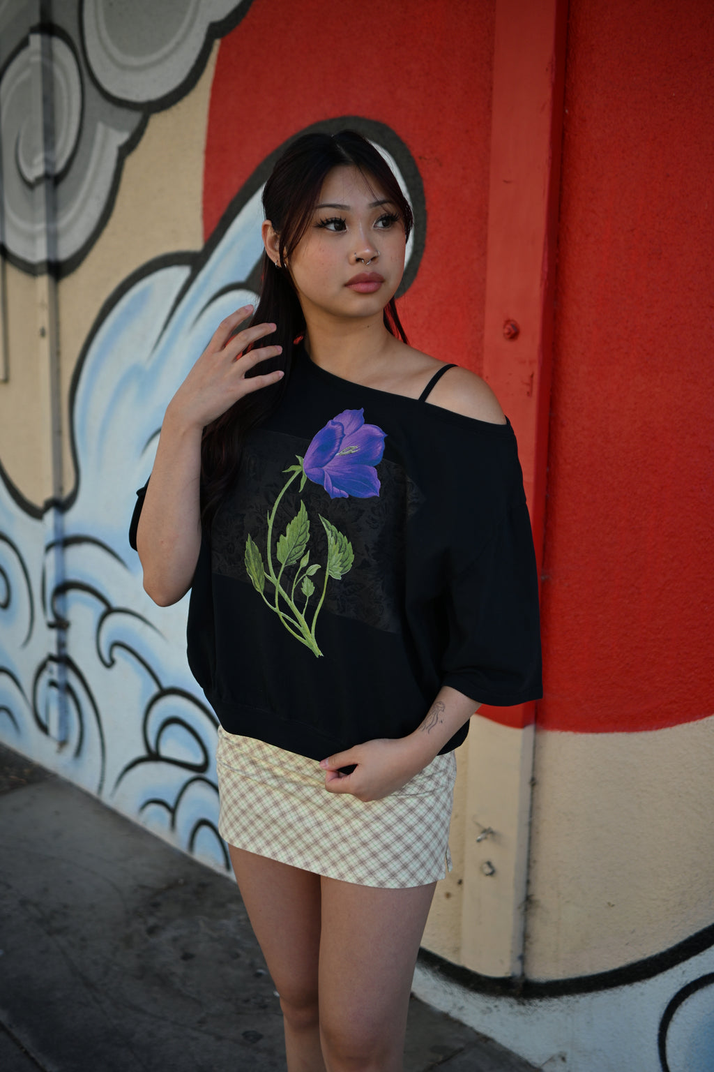 Violet flower - Asymmetric Shoulder Oversized Cotton T-Shirt