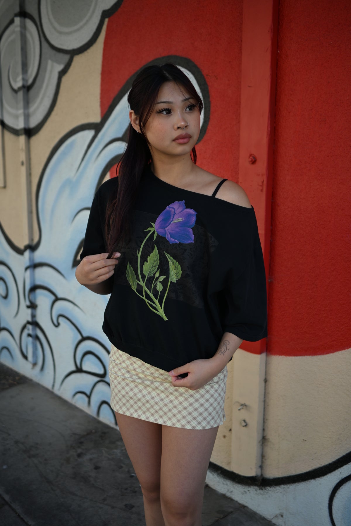 Violet flower - Asymmetric Shoulder Oversized Cotton T-Shirt