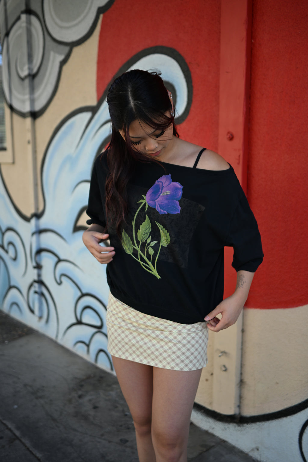 Violet flower - Asymmetric Shoulder Oversized Cotton T-Shirt