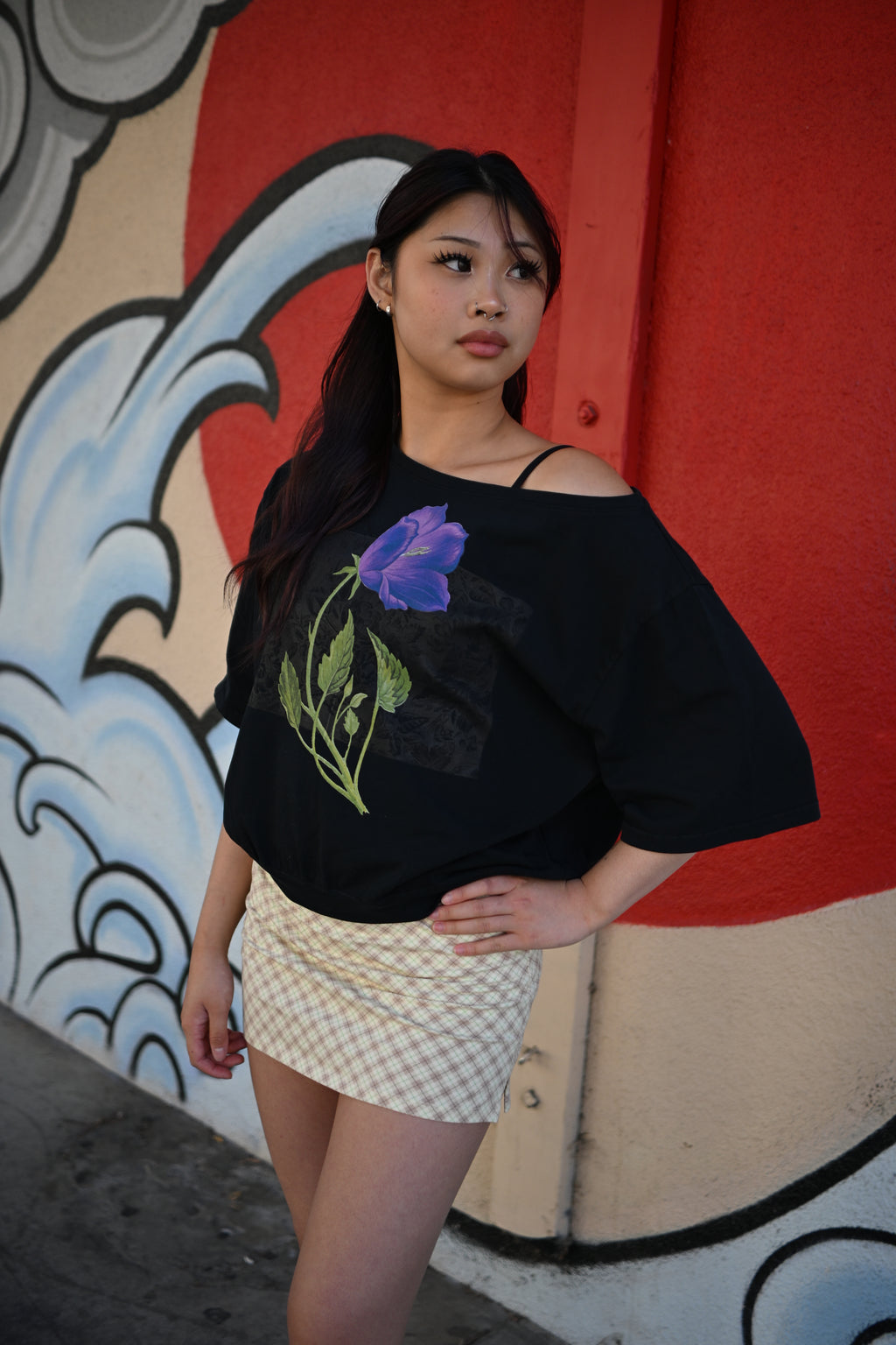Violet flower - Asymmetric Shoulder Oversized Cotton T-Shirt