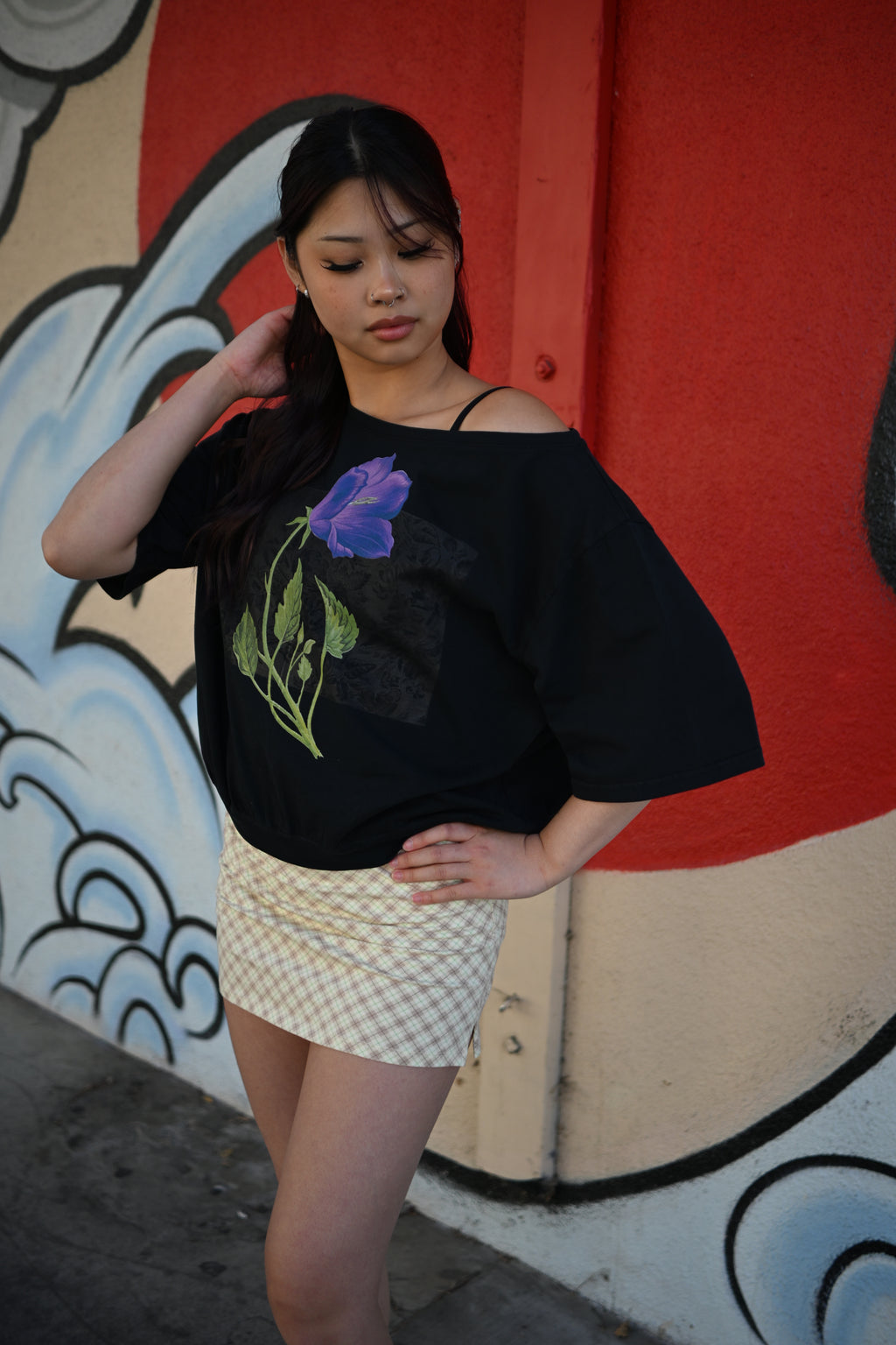Violet flower - Asymmetric Shoulder Oversized Cotton T-Shirt
