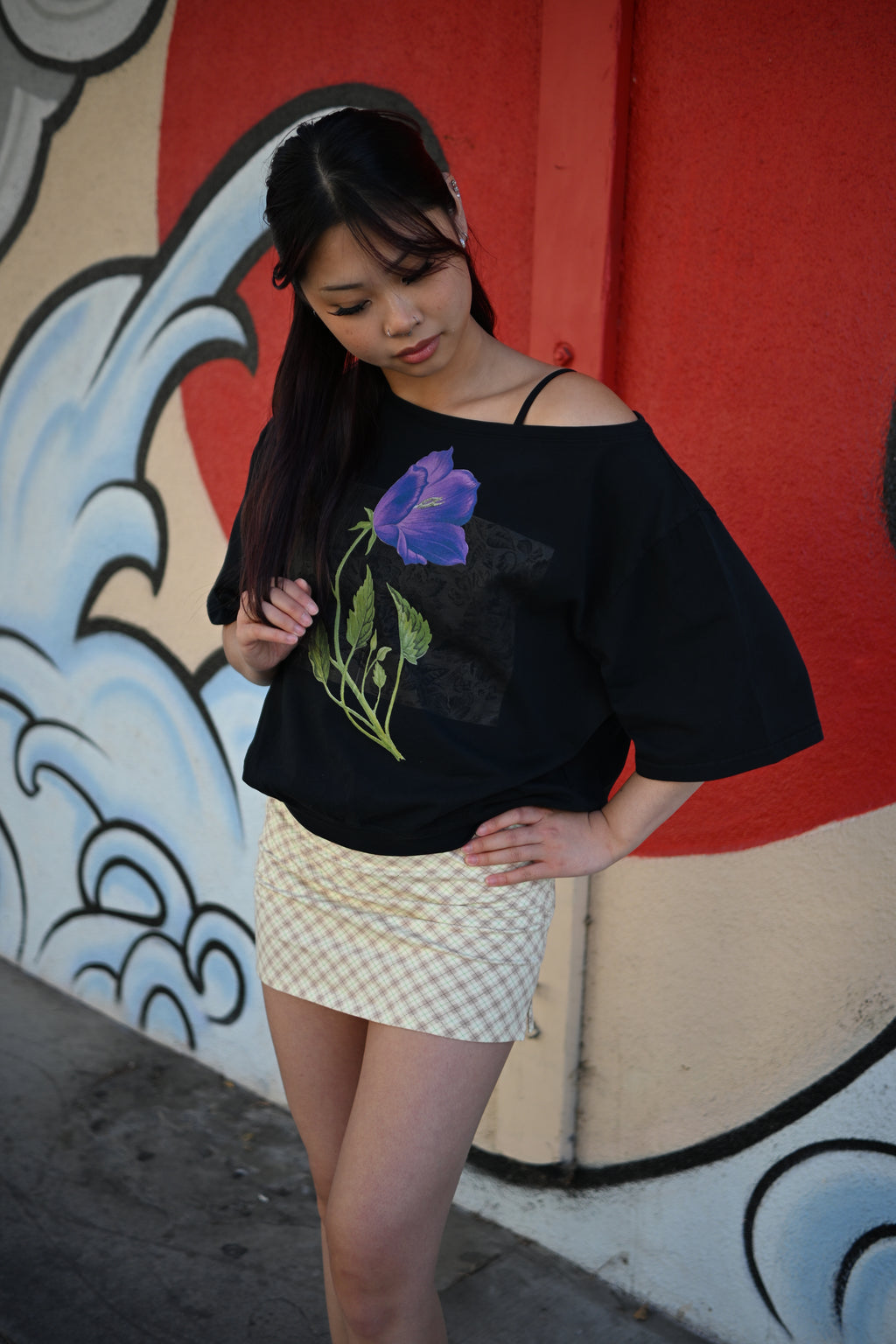 Violet flower - Asymmetric Shoulder Oversized Cotton T-Shirt