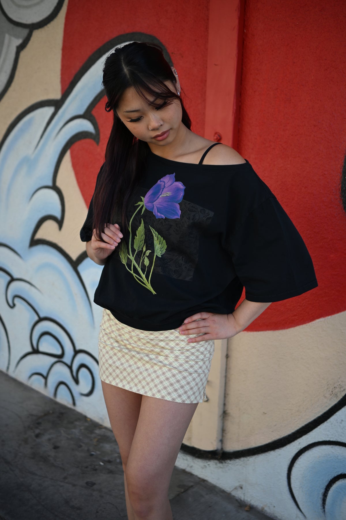 Violet flower - Asymmetric Shoulder Oversized Cotton T-Shirt