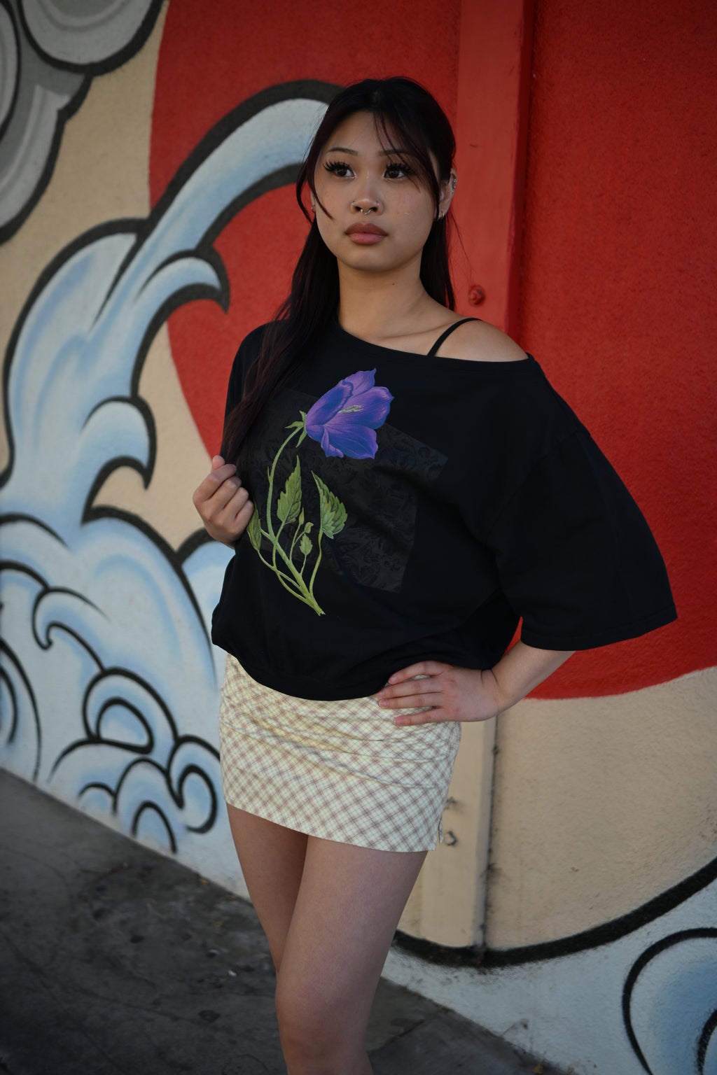 Violet flower - Asymmetric Shoulder Oversized Cotton T-Shirt