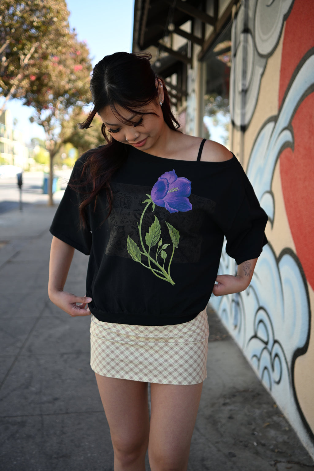 Violet flower - Asymmetric Shoulder Oversized Cotton T-Shirt