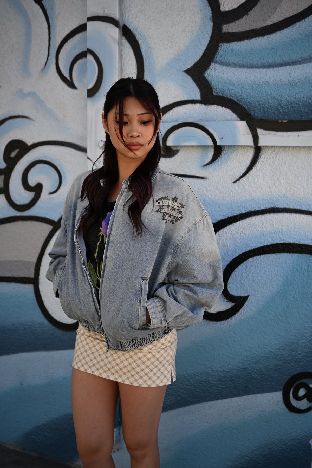 Nocturnal Ram - Vintage Wash Full-Zip Denim Bomber Jacket