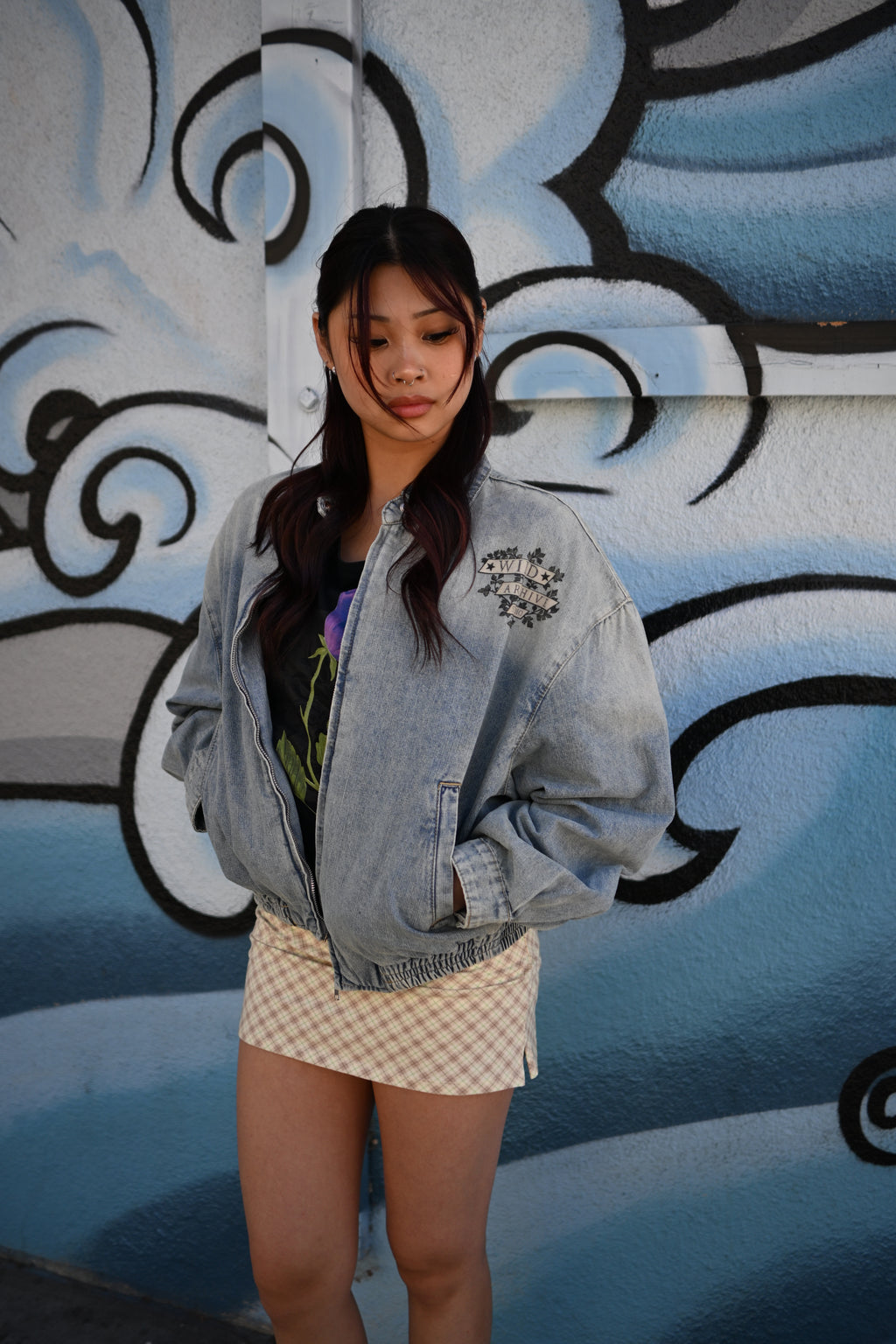 Nocturnal Ram - Vintage Wash Full-Zip Denim Bomber Jacket