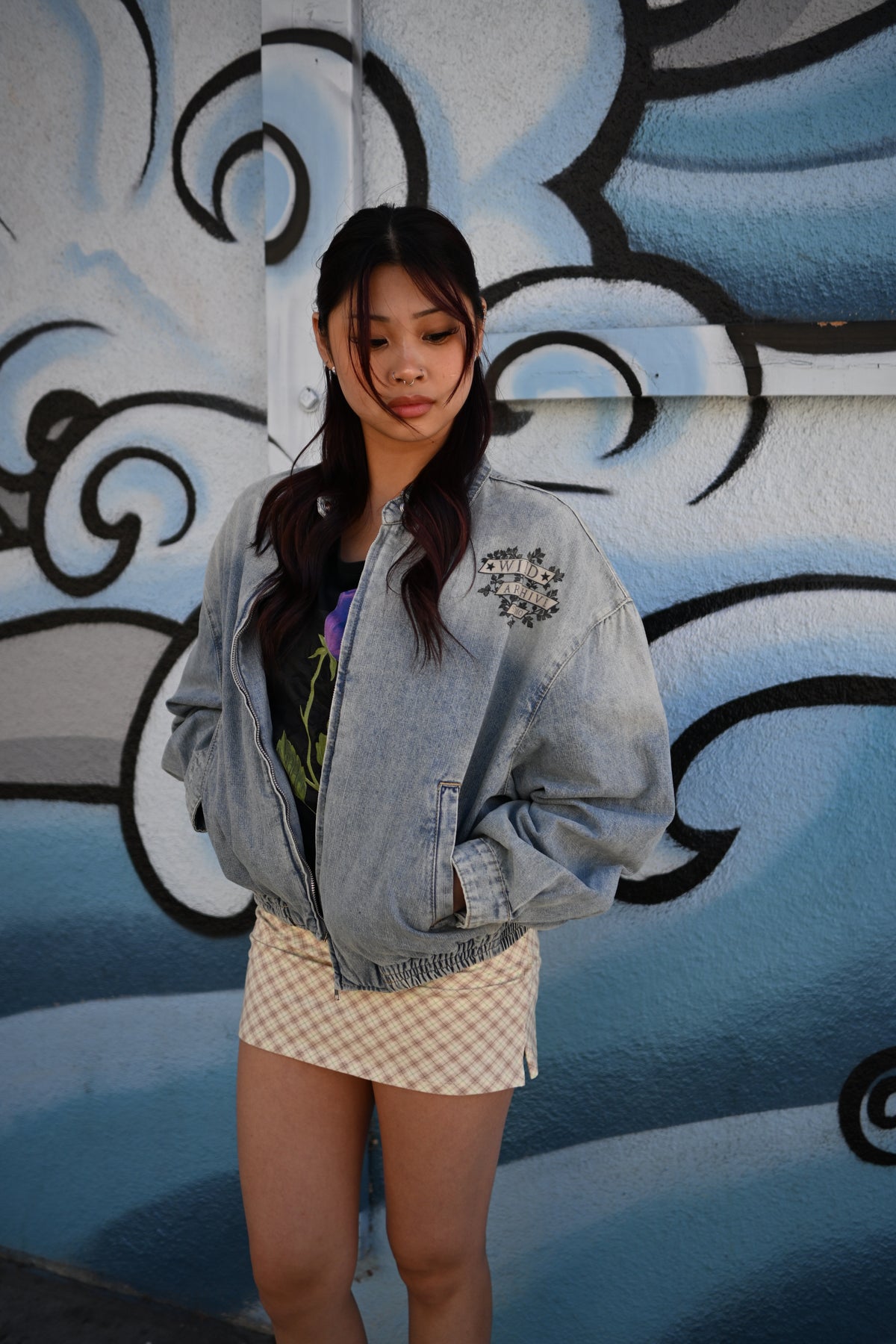 Nocturnal Ram - Vintage Wash Full-Zip Denim Bomber Jacket