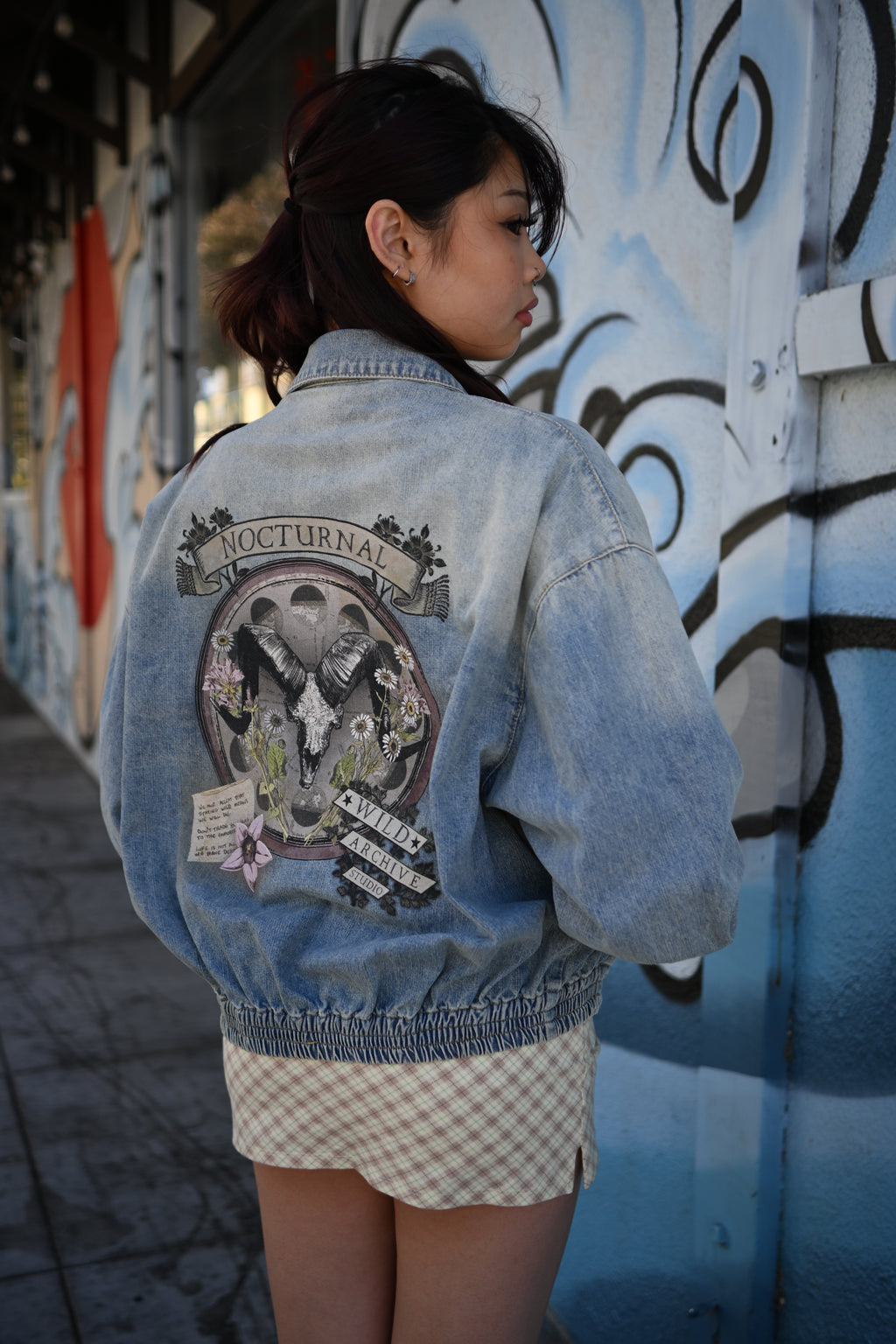Nocturnal Ram - Vintage Wash Full-Zip Denim Bomber Jacket