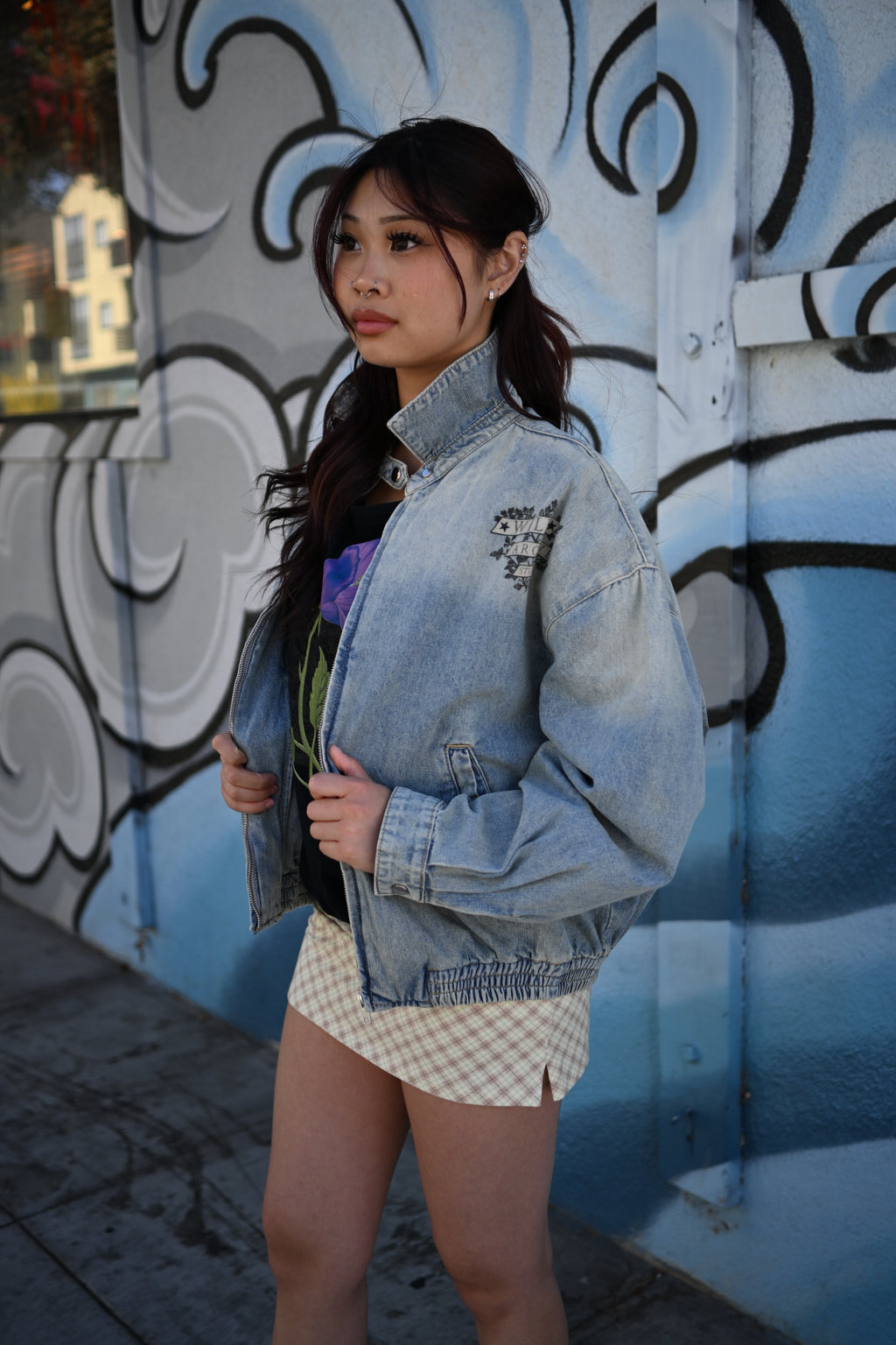 Nocturnal Ram - Vintage Wash Full-Zip Denim Bomber Jacket