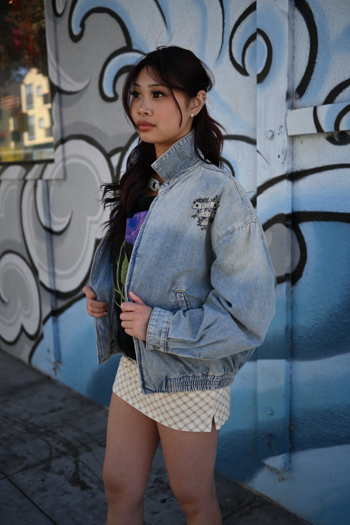 Nocturnal Ram - Vintage Wash Full-Zip Denim Bomber Jacket