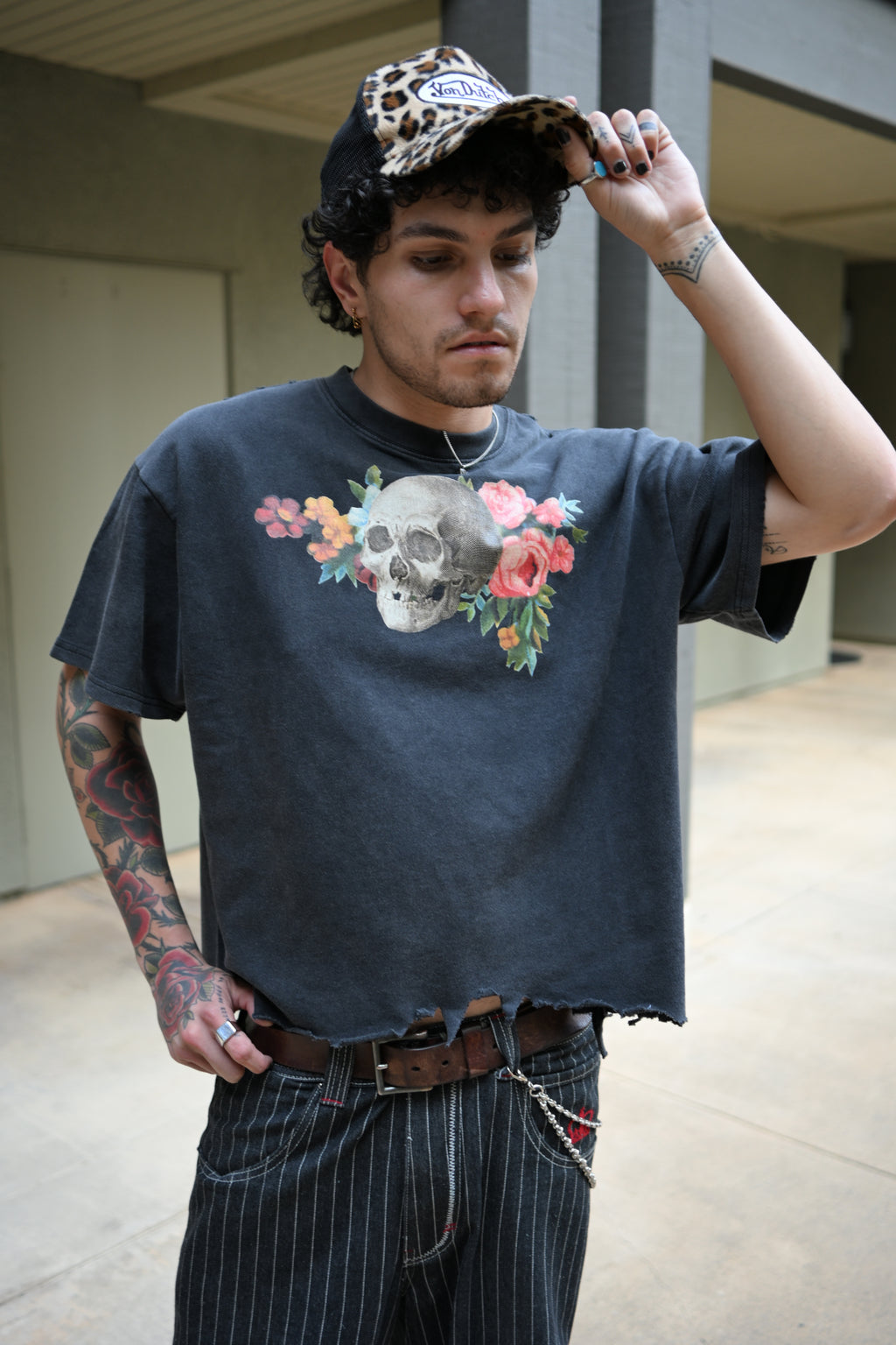 Floral Skull - Vintage Wash Boxy Distressed Hem T-Shirt