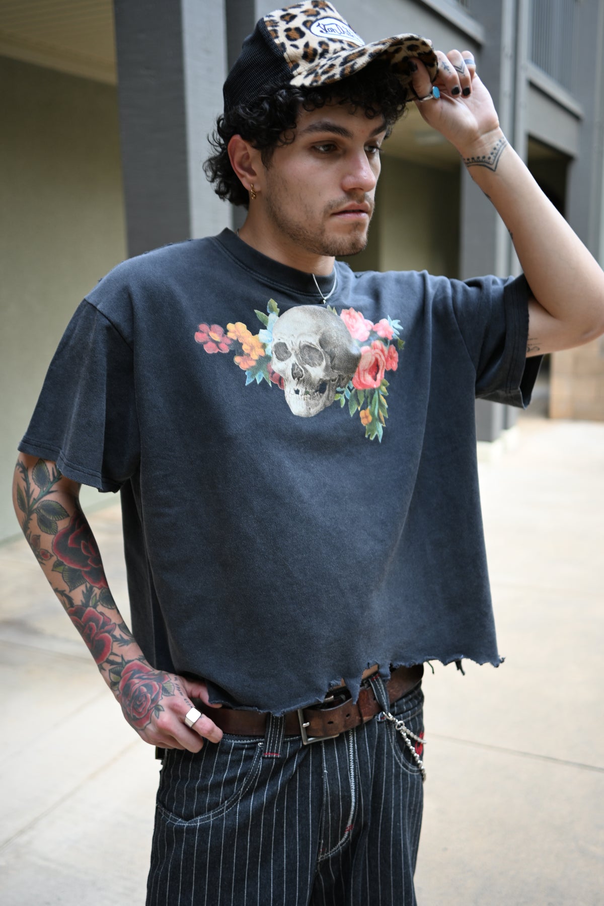Floral Skull - Vintage Wash Boxy Distressed Hem T-Shirt
