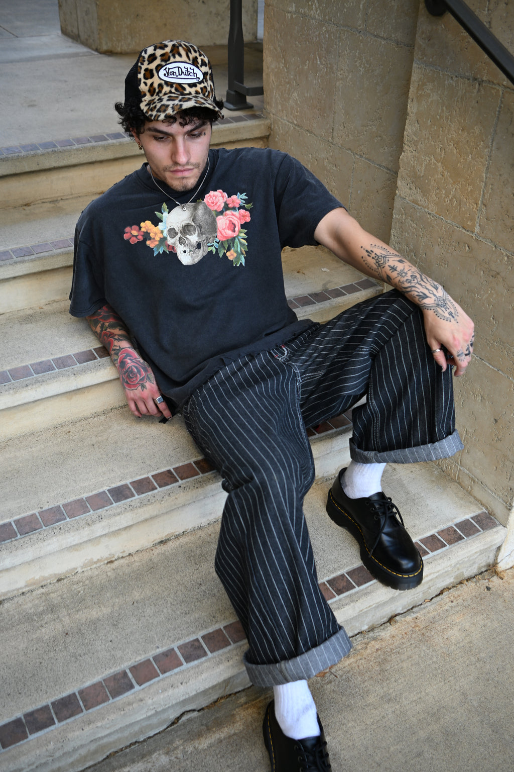 Floral Skull - Vintage Wash Boxy Distressed Hem T-Shirt