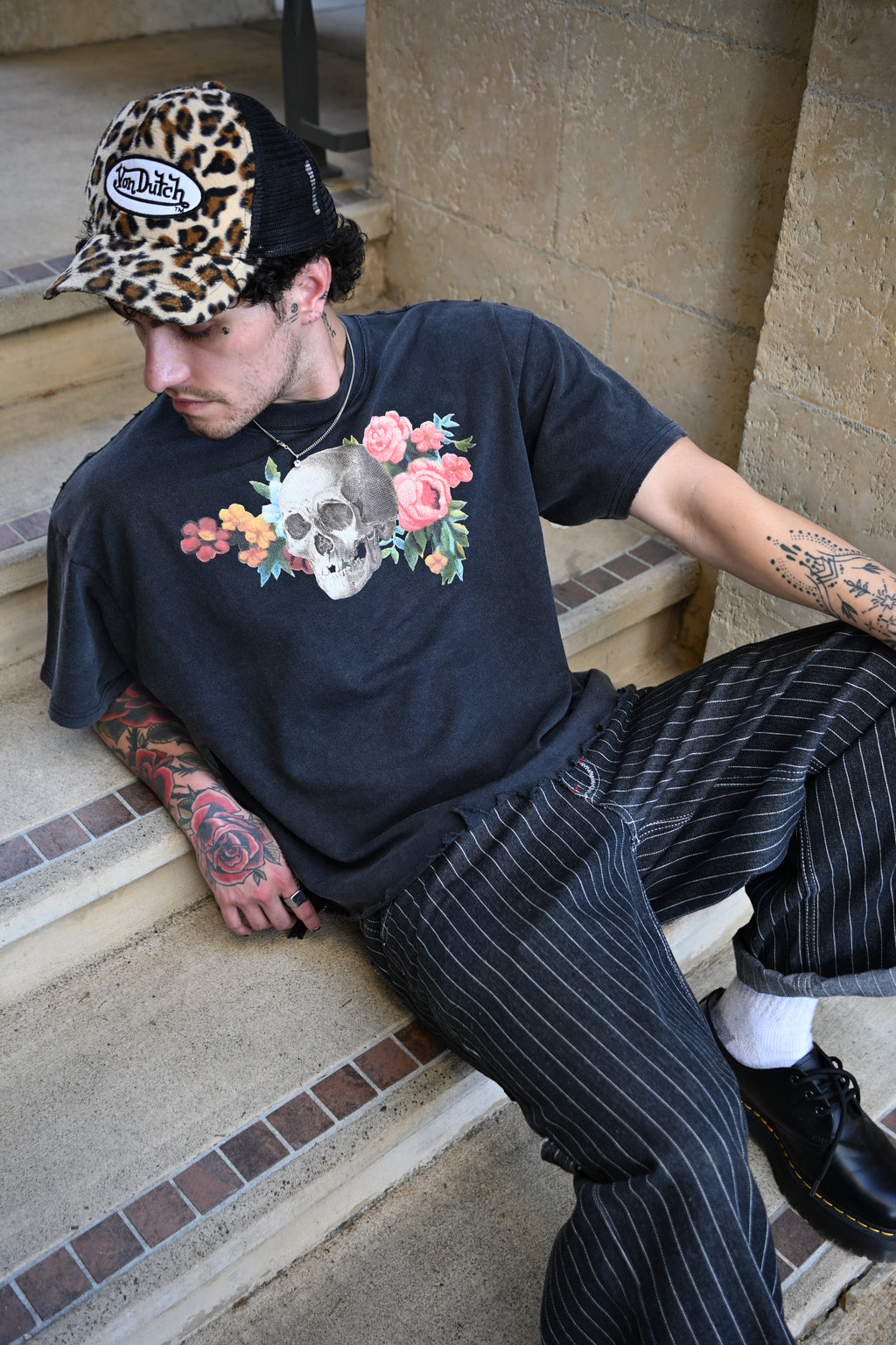Floral Skull - Vintage Wash Boxy Distressed Hem T-Shirt