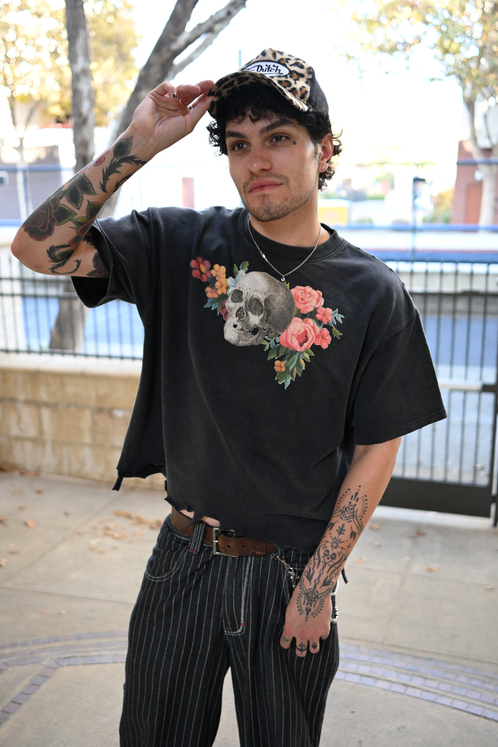 Floral Skull - Vintage Wash Boxy Distressed Hem T-Shirt