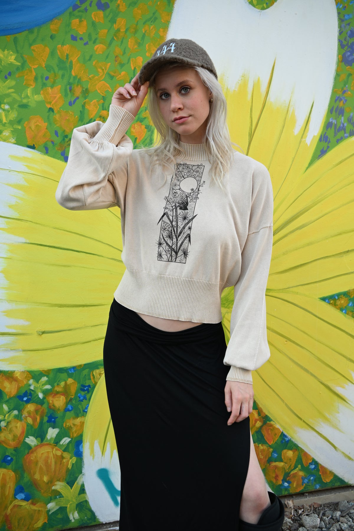 Owl - Mineral Wash Balloon Sleeve Cropped Sweater