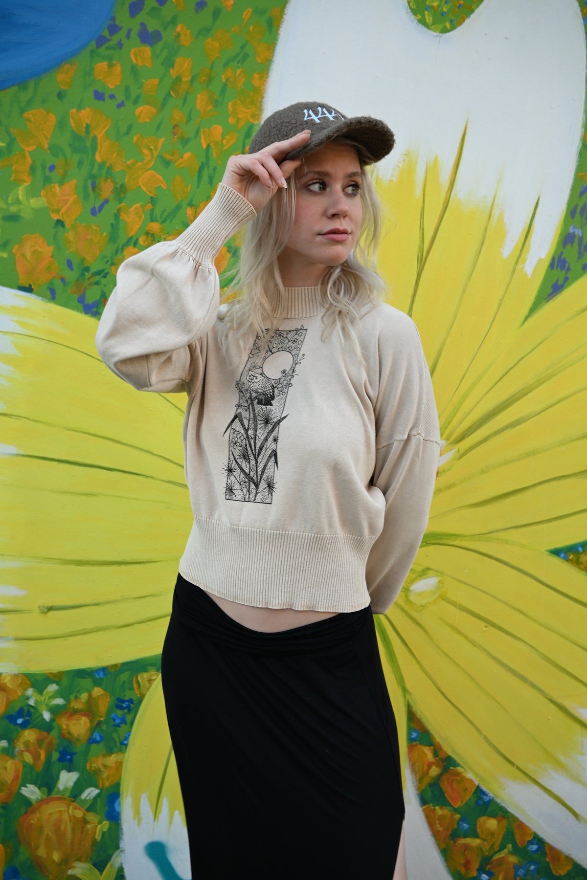 Owl - Mineral Wash Balloon Sleeve Cropped Sweater