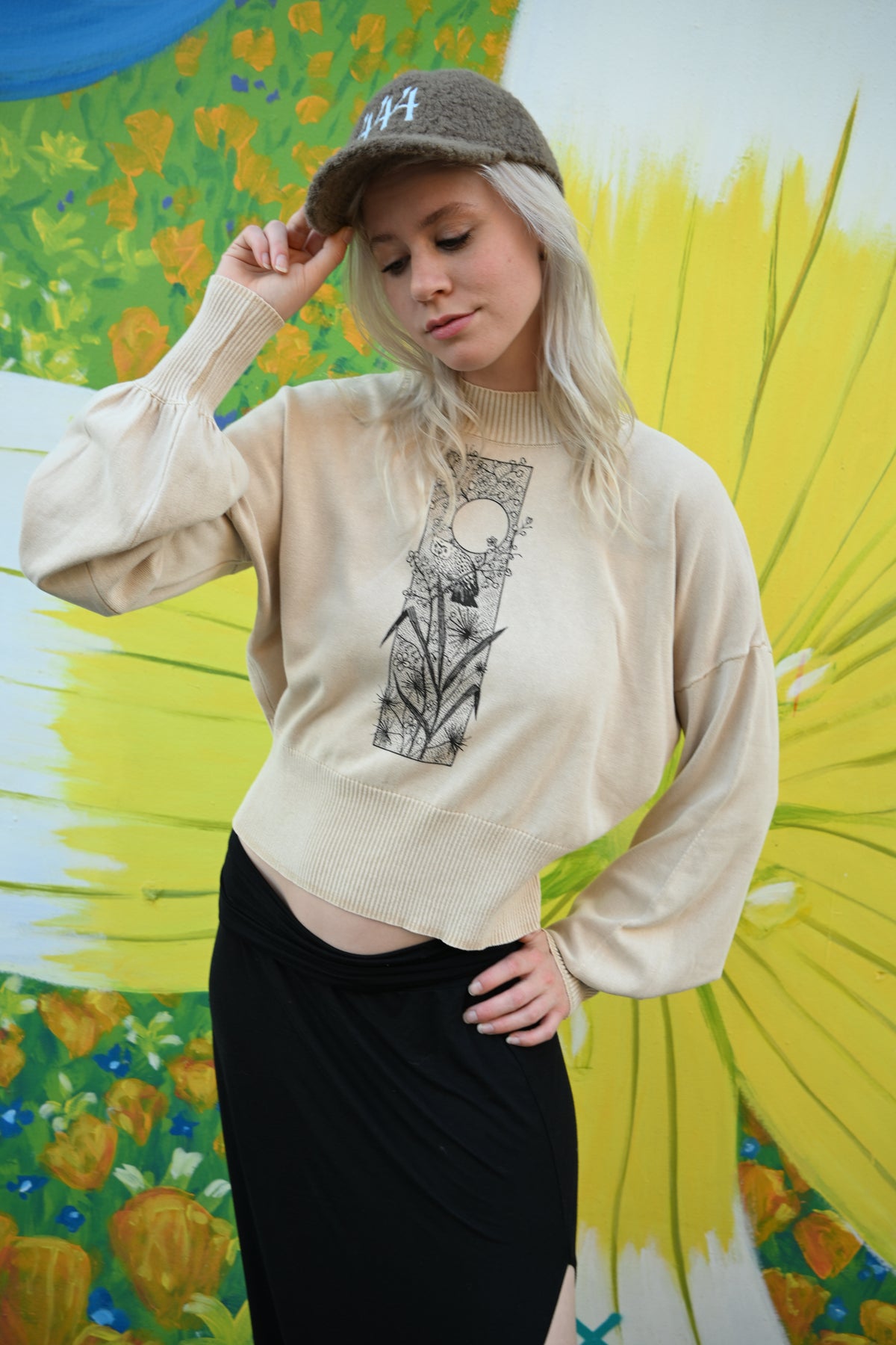 Owl - Mineral Wash Balloon Sleeve Cropped Sweater