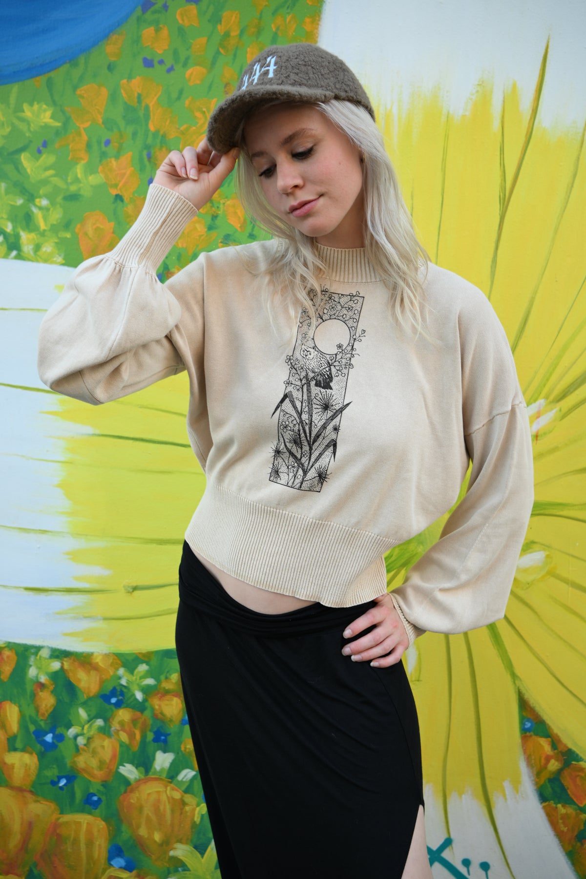 Owl - Mineral Wash Balloon Sleeve Cropped Sweater