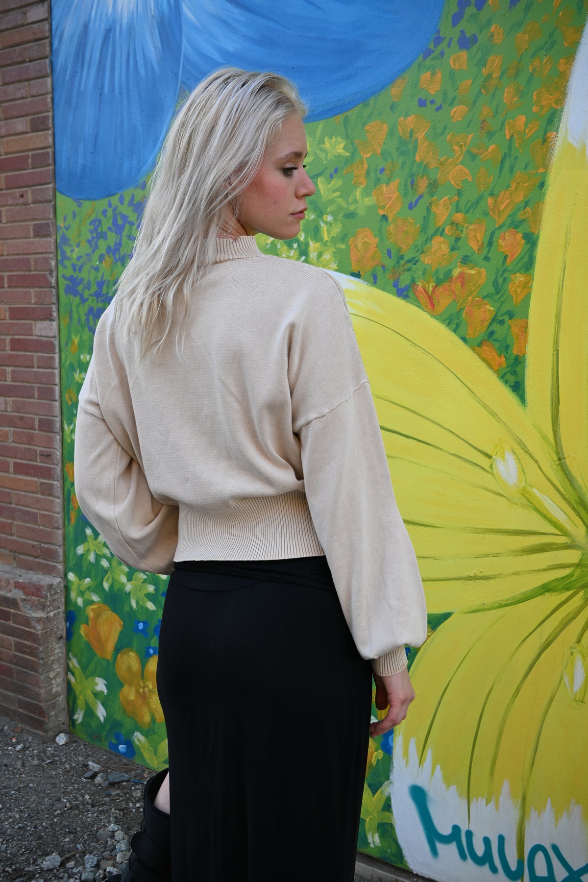 Owl - Mineral Wash Balloon Sleeve Cropped Sweater