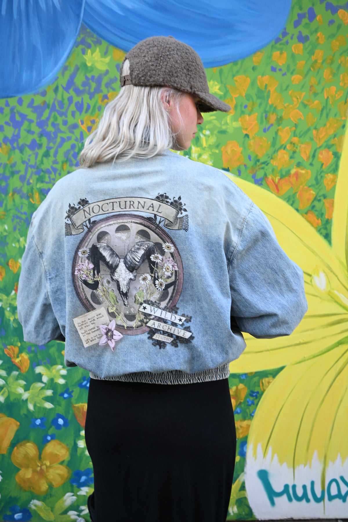 Nocturnal Ram - Vintage Wash Full-Zip Denim Bomber Jacket