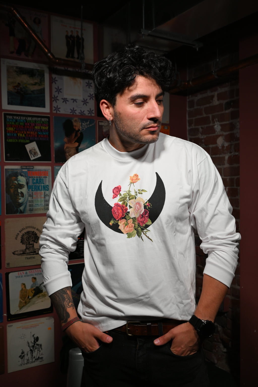 Rose Moon - Crew Neck Drop Shoulder Long Sleeve Shirt